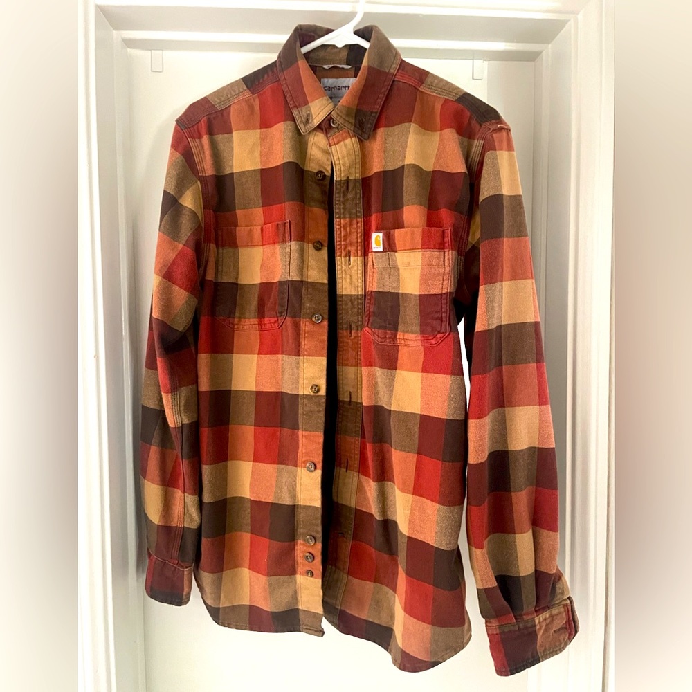 Carhartt brand, long sleeved button up, plaid shirt